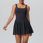 TCOMLYQ001 Women's Square Neck Pleated Tennis Dress (Built-in Shorts)