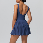 TCOMLYQ001 Women's Square Neck Pleated Tennis Dress (Built-in Shorts)