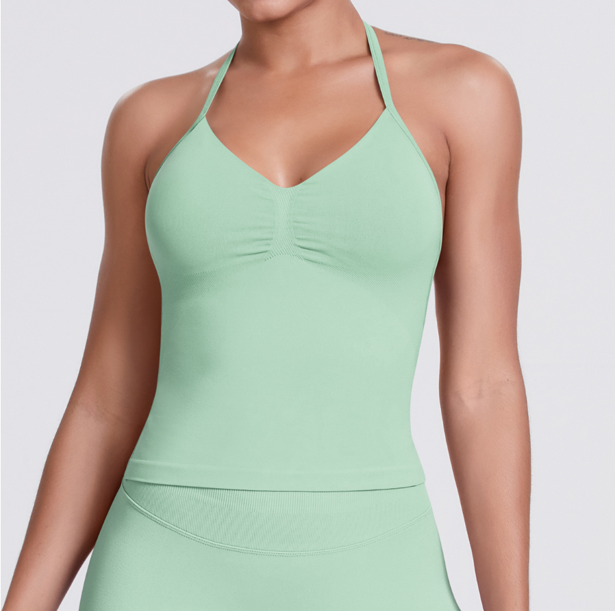 TCOMBX006 Halter V-neck Ruched Women Yoga Tank Top