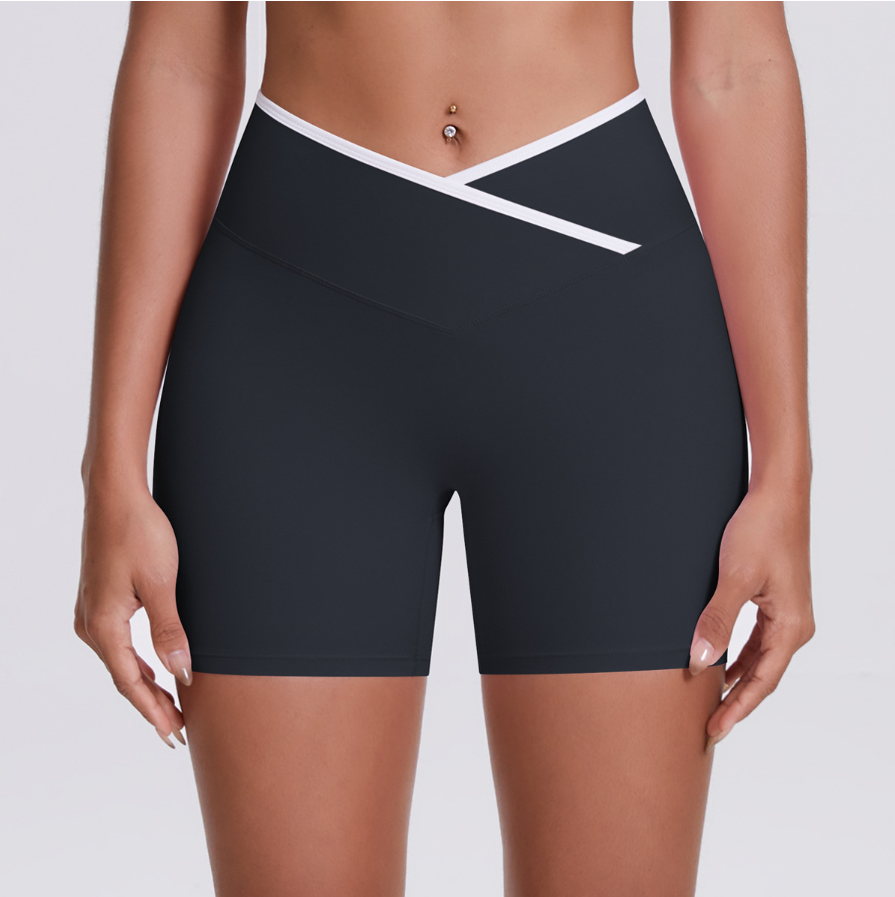 TCOMDK001 Color Block Cross Waist High Waist Yoga Shorts