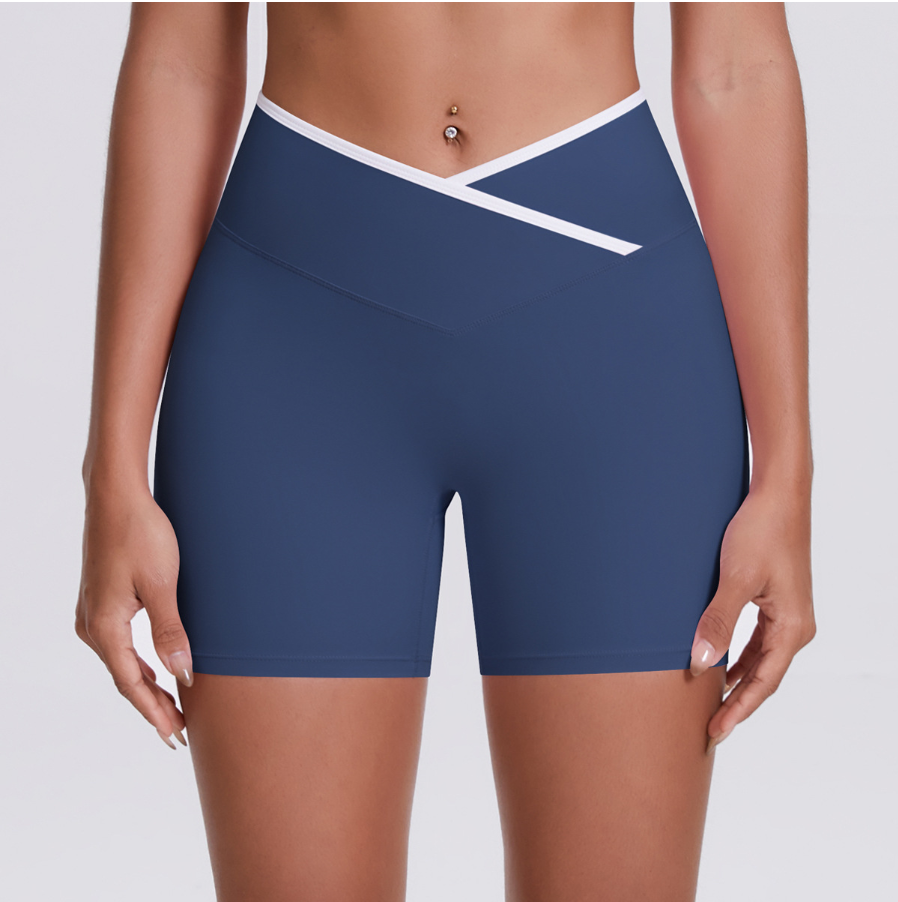 TCOMDK001 Color Block Cross Waist High Waist Yoga Shorts