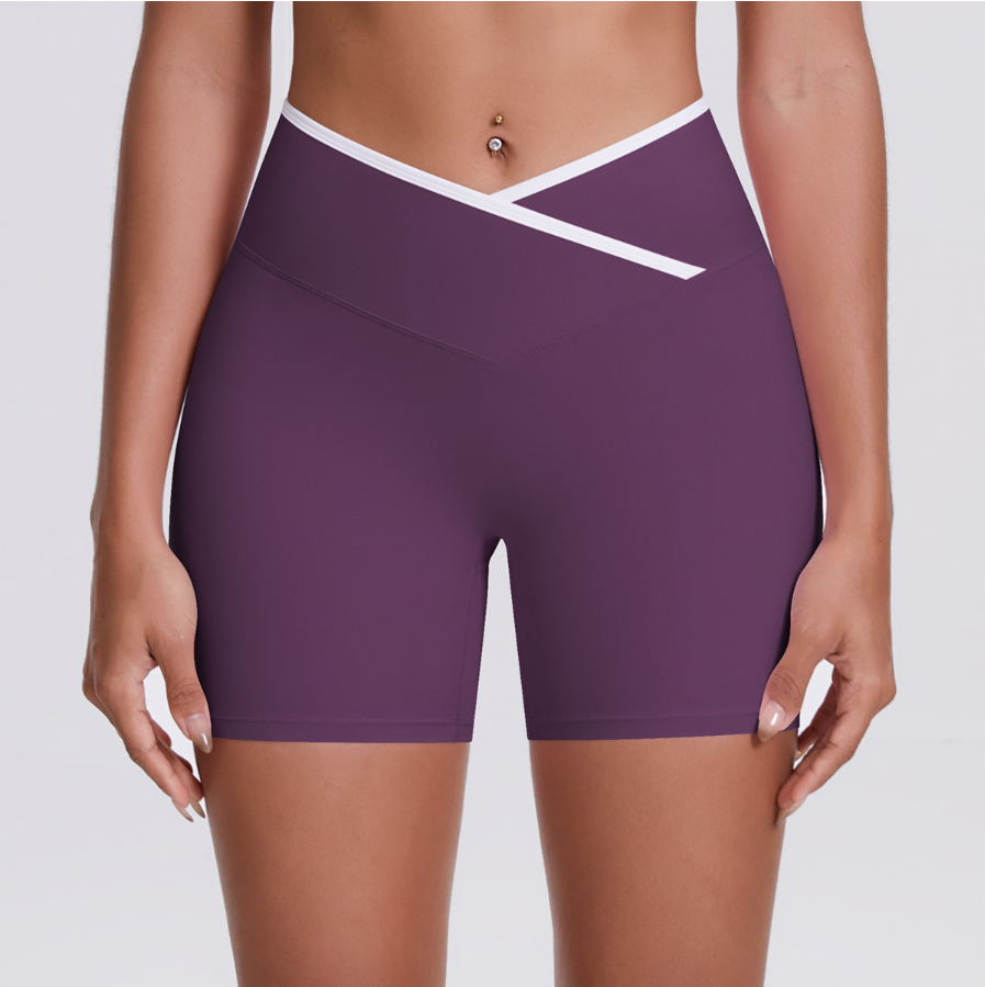 TCOMDK001 Color Block Cross Waist High Waist Yoga Shorts