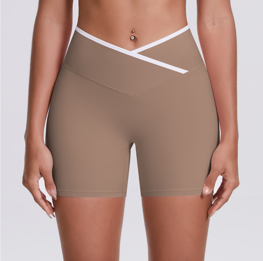 TCOMDK001 Color Block Cross Waist High Waist Yoga Shorts