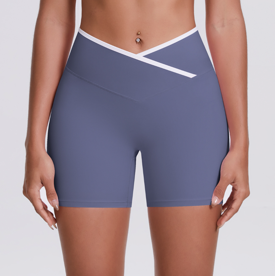 TCOMDK001 Color Block Cross Waist High Waist Yoga Shorts
