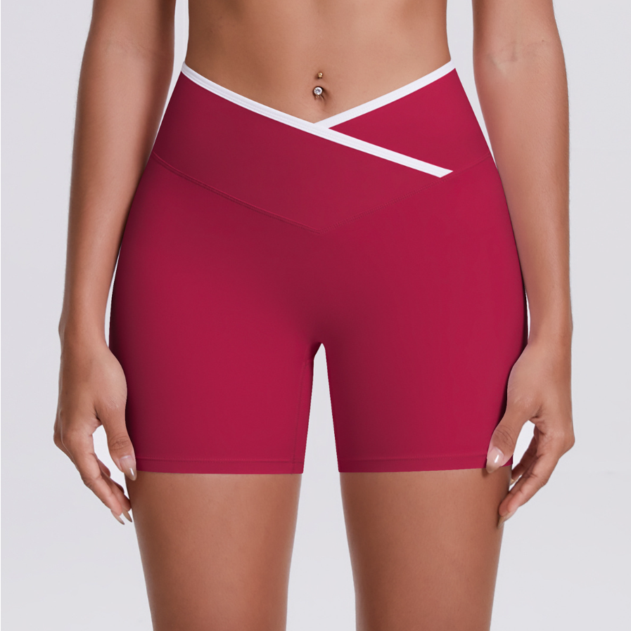 TCOMDK001 Color Block Cross Waist High Waist Yoga Shorts
