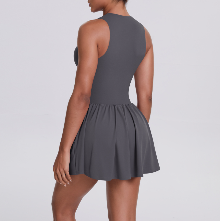 TCOMLYQ002 Front Zip Sleeveless Athletic Tennis Dress with Built-in Shorts