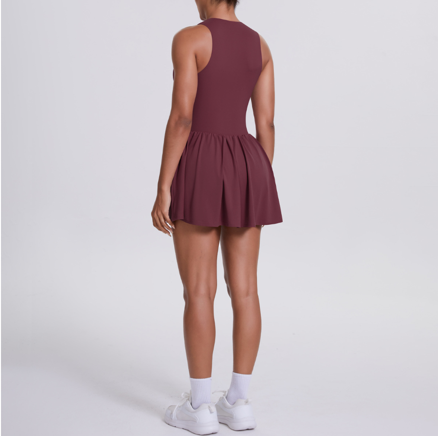 TCOMLYQ002 Front Zip Sleeveless Athletic Tennis Dress with Built-in Shorts