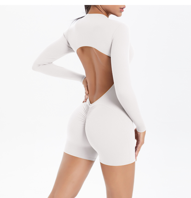 TCOMLTY002 Long‑Sleeve Half‑Zip Back Cut‑Out Yoga Romper | Custom Printing Supported