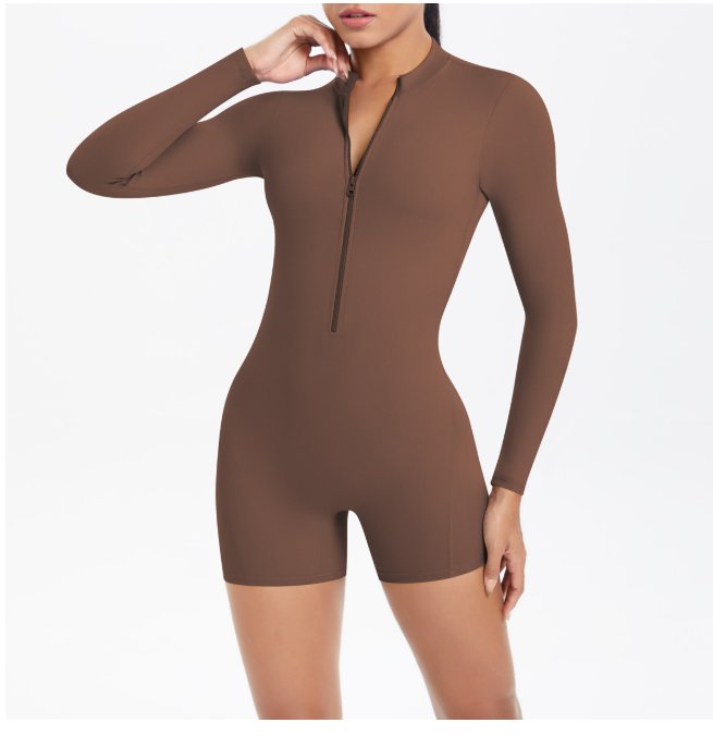 TCOMLTY002 Long‑Sleeve Half‑Zip Back Cut‑Out Yoga Romper | Custom Printing Supported