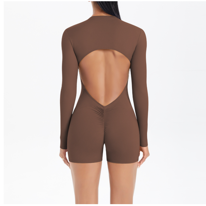 TCOMLTY002 Long‑Sleeve Half‑Zip Back Cut‑Out Yoga Romper | Custom Printing Supported