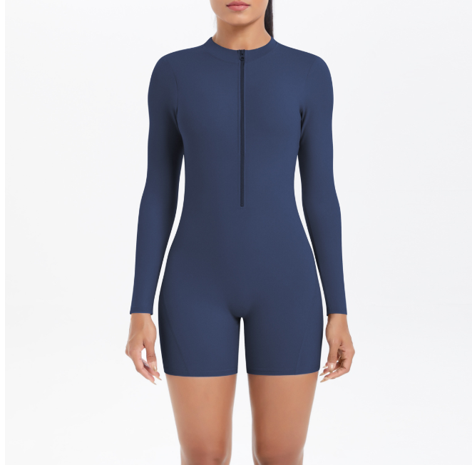 TCOMLTY002 Long‑Sleeve Half‑Zip Back Cut‑Out Yoga Romper | Custom Printing Supported