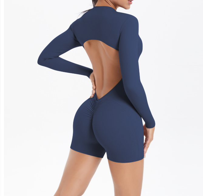 TCOMLTY002 Long‑Sleeve Half‑Zip Back Cut‑Out Yoga Romper | Custom Printing Supported