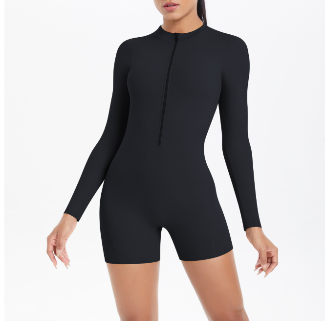 TCOMLTY002 Long‑Sleeve Half‑Zip Back Cut‑Out Yoga Romper | Custom Printing Supported