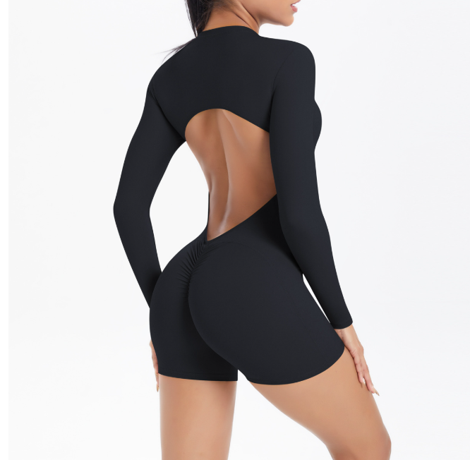 TCOMLTY002 Long‑Sleeve Half‑Zip Back Cut‑Out Yoga Romper | Custom Printing Supported