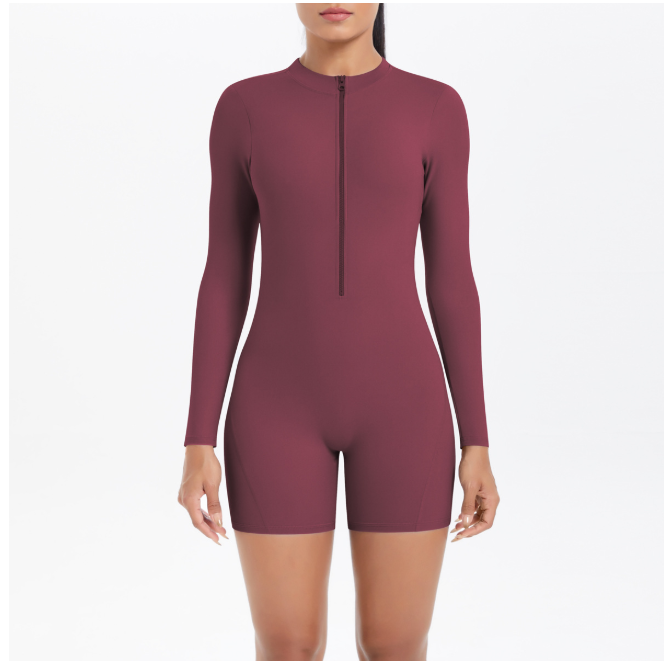 TCOMLTY002 Long‑Sleeve Half‑Zip Back Cut‑Out Yoga Romper | Custom Printing Supported