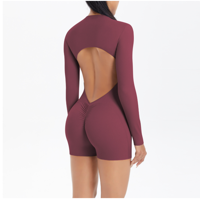TCOMLTY002 Long‑Sleeve Half‑Zip Back Cut‑Out Yoga Romper | Custom Printing Supported