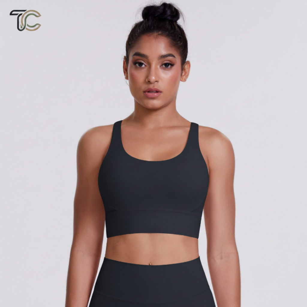 Black Wide Strap Sports Bra with Logo
