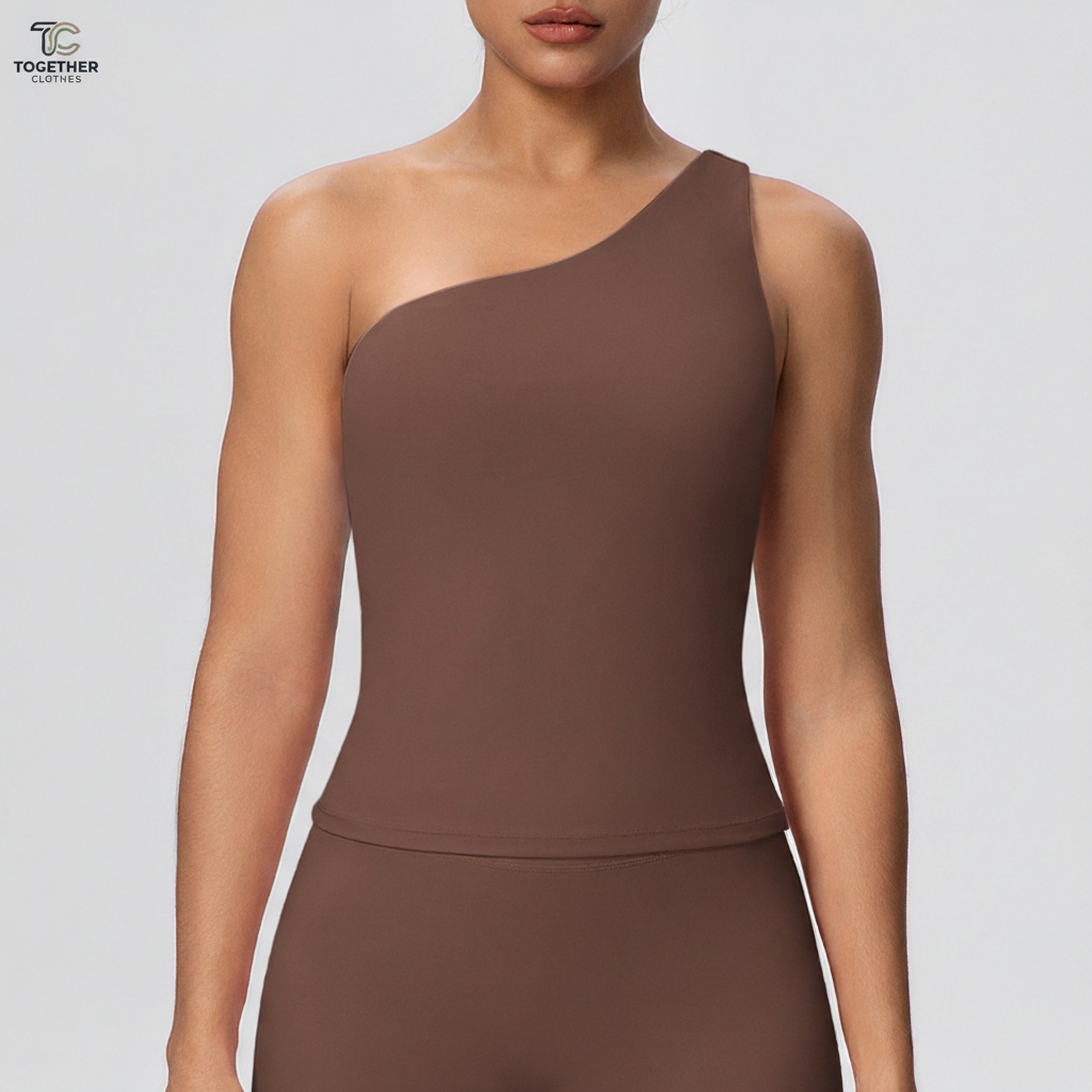 Brown One-Shoulder Tank with Logo
