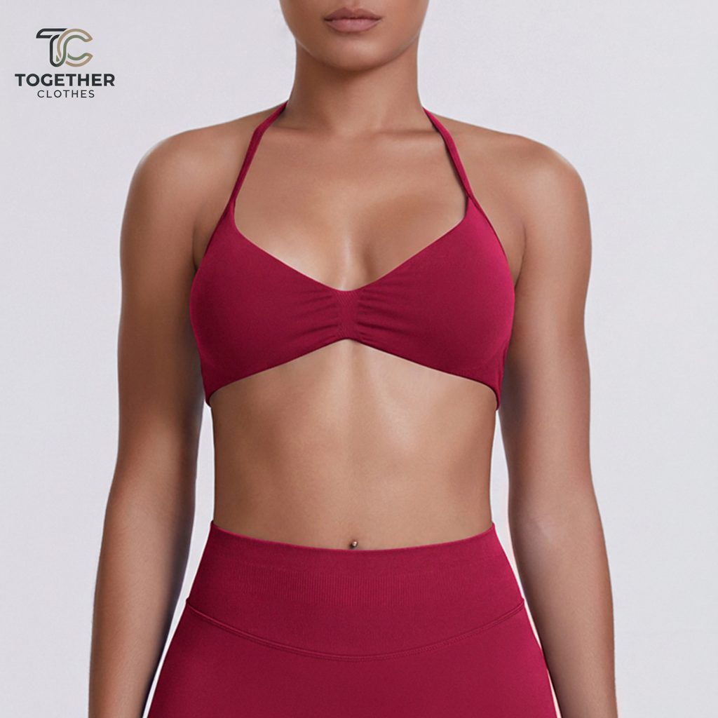 Burgundy Halter Sports Bra with Logo