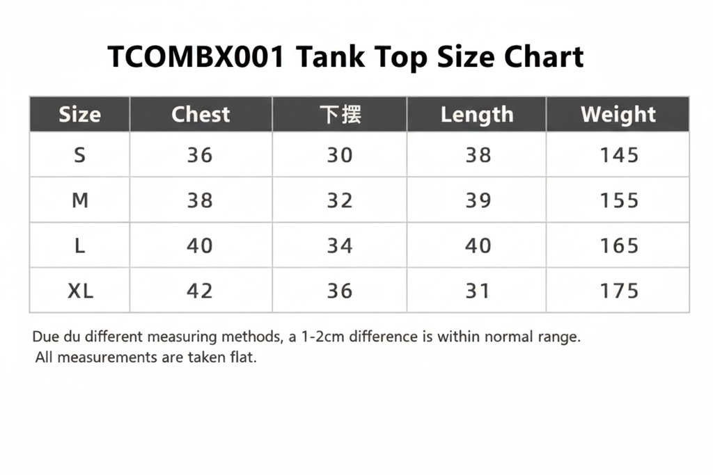 TCOMBX001 Tank Top Size Chart