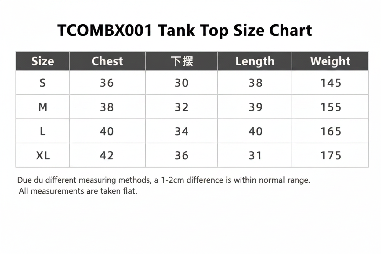 TCOMBX001 Tank Top Size Chart