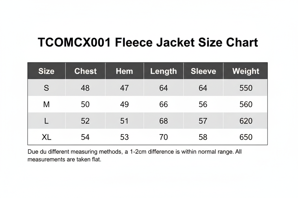 TCOMCX001 Fleece Jacket Size Chart