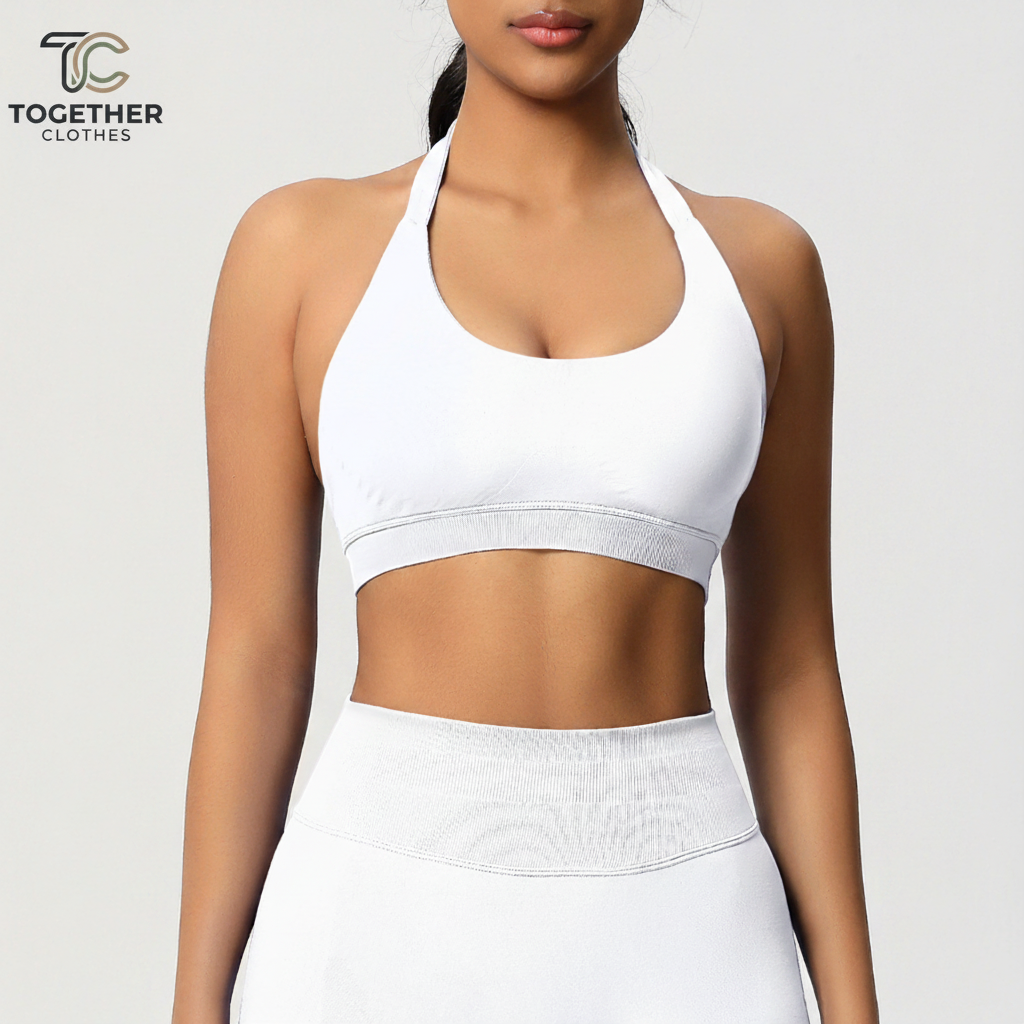 White Halter Sports Bra with Logo